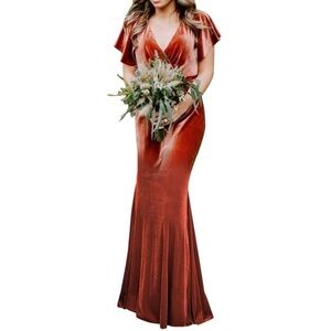 Rust Flutter Sleeve Velvet Dress